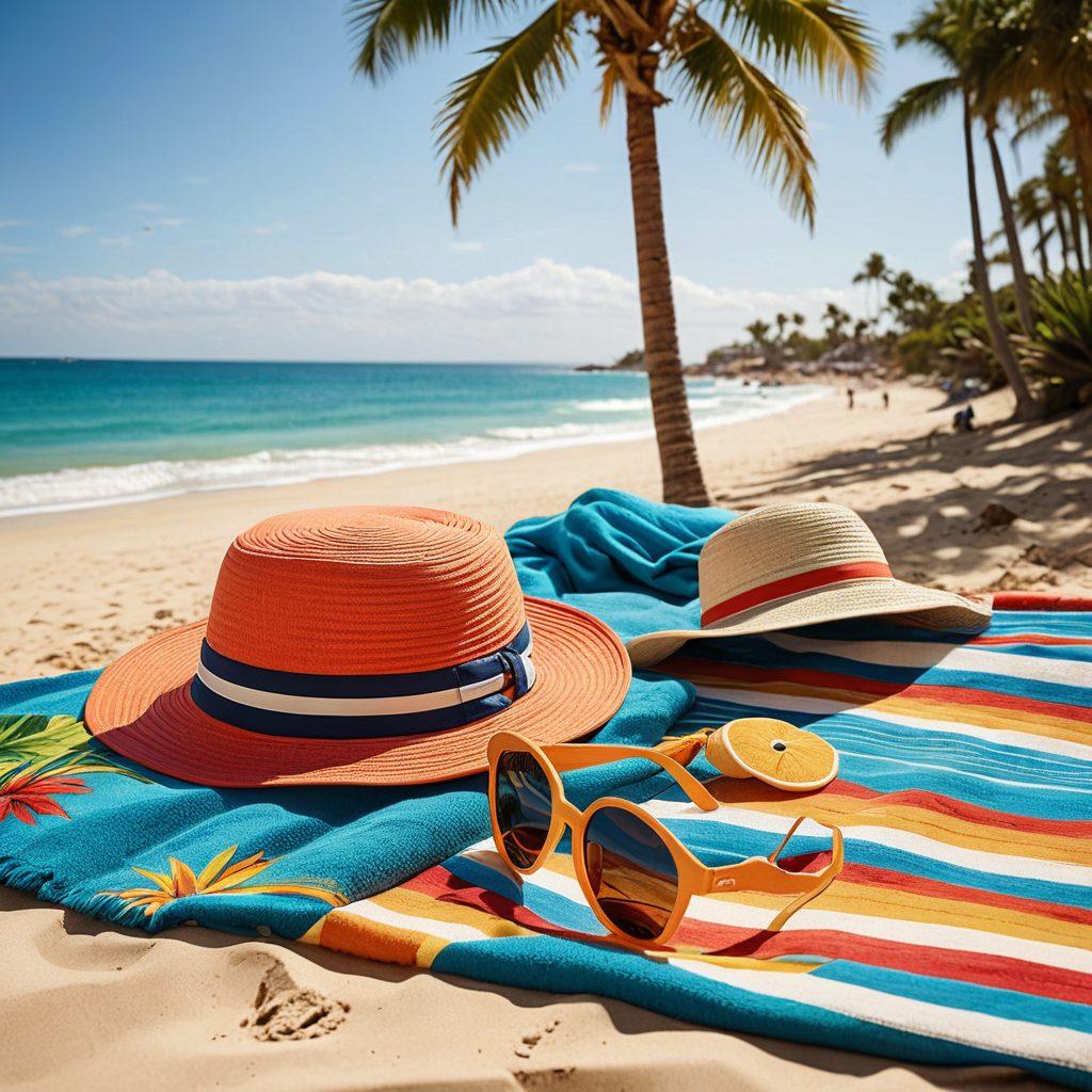 A sunny beach scene featuring a colorful array of swimwear laid out on a sandy towel, juxtaposed with a vintage film projector casting classic movie reels onto a screen. In the background, palm trees sway, and movie-themed beach accessories like bucket hats and sunglasses add a playful touch. The atmosphere exudes a joyful summer vibe, inviting viewers to embrace both beach days and movie nights. vibrant colors. super-realistic.