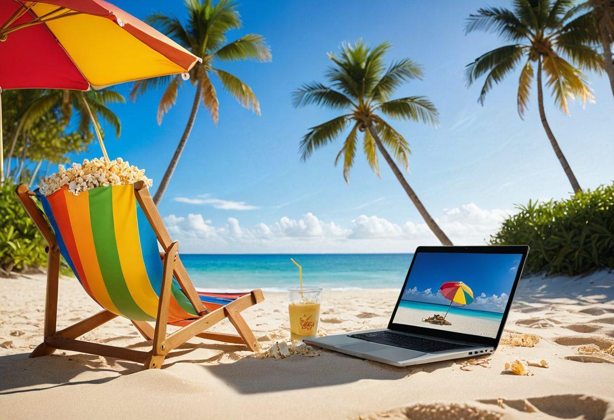 An inviting beach scene featuring a classic beach chair and an open laptop displaying a movie streaming interface. In the background, palm trees sway gently under a bright blue sky, with soft waves lapping at the shore. Scattered around are popcorn, a tropical drink, and a vintage film reel, evoking the essence of beach movie nostalgia. Soft golden sunlight casts a warm glow over the scene. vibrant colors. super-realistic.
